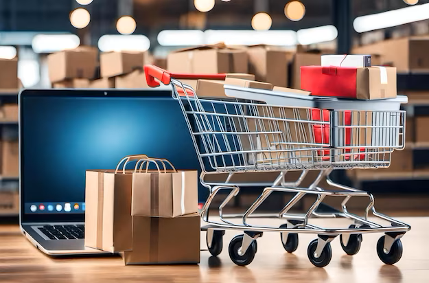 shopping-cart-with-brown-bag-floor-computer-monitor-background_940863-8919